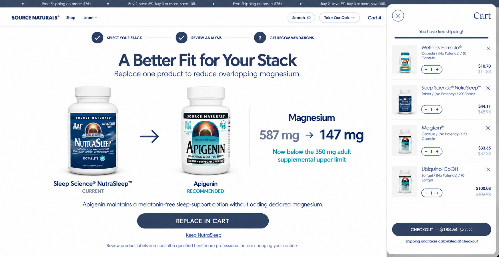 Source Naturals product intelligence prototype showing a recommended product replacement for a better supplement stack fit.