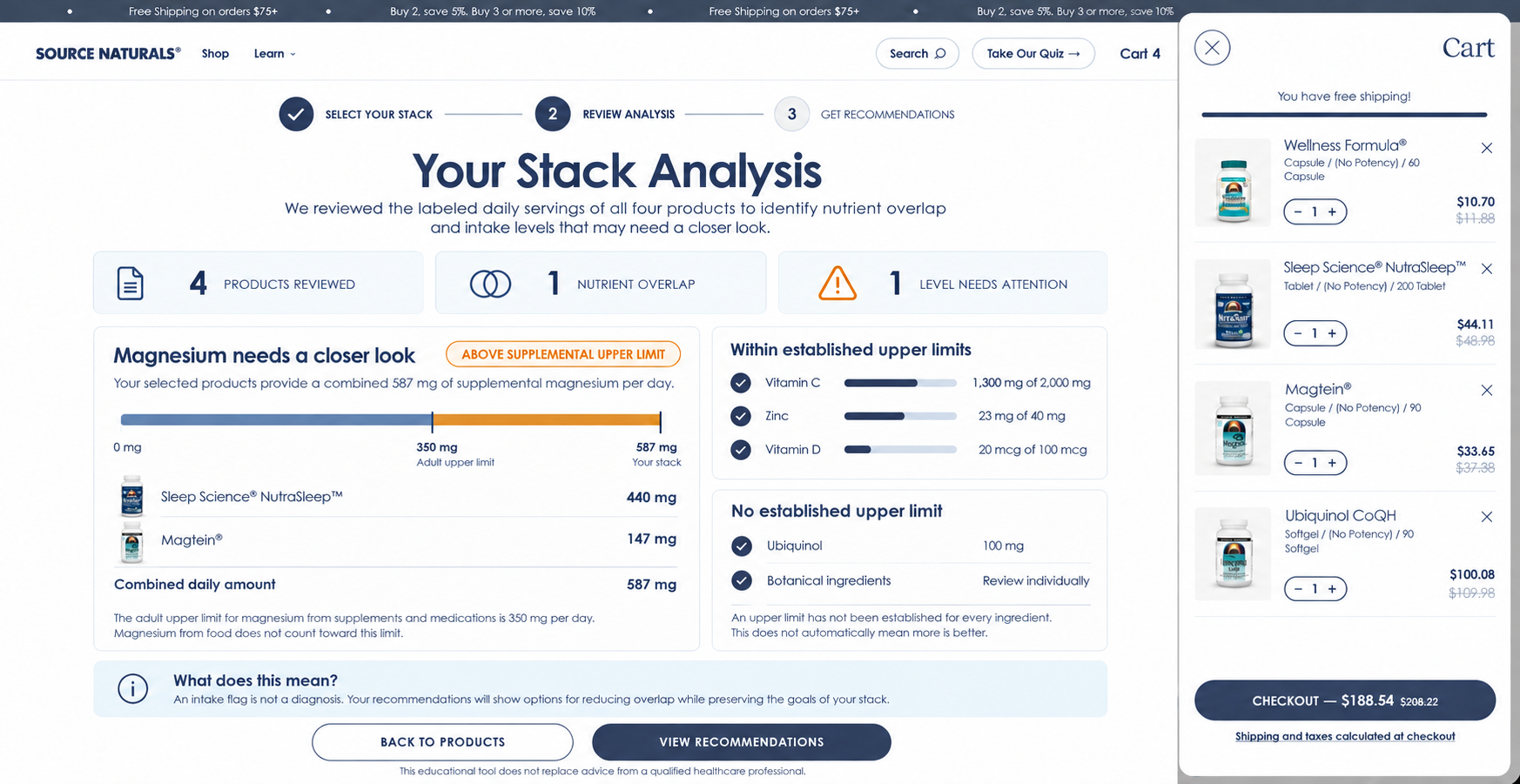 Source Naturals product intelligence prototype showing a stack analysis screen with nutrient overlap and intake levels.