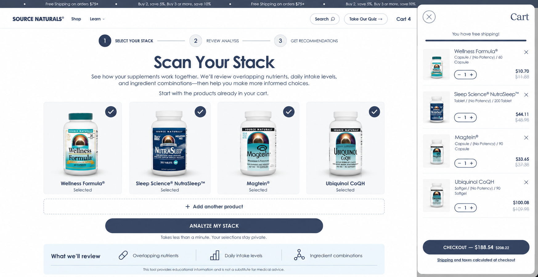 Source Naturals product intelligence prototype showing a Scan Your Stack product selection screen.